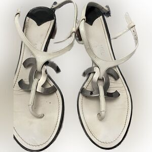 Chanel white silver logo sandals